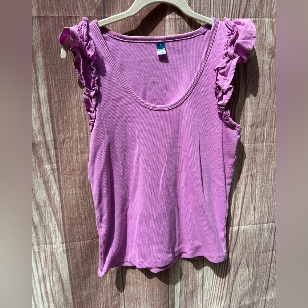 Old Navy L rock pink rose cotton ruffle cap sleeve tank top stretch ribbed